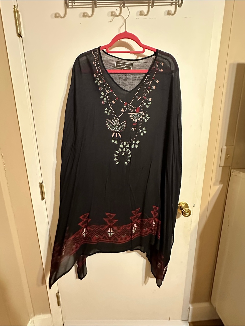 Double D Ranch Black V-Neck Embroidered Tunic with Red Accents